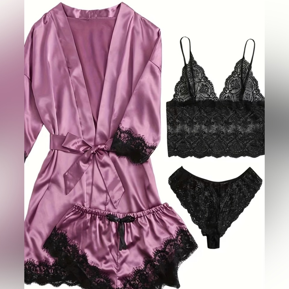 🆕 BRAND NEW Elegant Lace Trim Satin Sleepwear Set